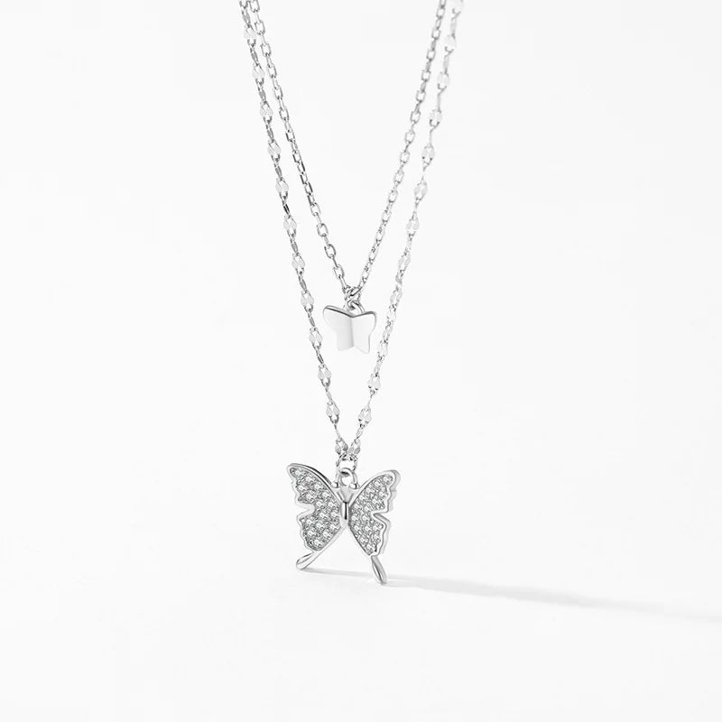 925 Sterling Silver Female Rhodium Plated Double Layer Butterfly Design Necklace
