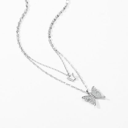 925 Sterling Silver Female Rhodium Plated Double Layer Butterfly Design Necklace