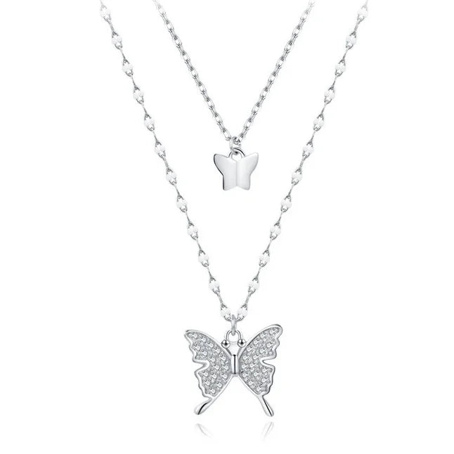 925 Sterling Silver Female Rhodium Plated Double Layer Butterfly Design Necklace