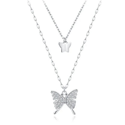 925 Sterling Silver Female Rhodium Plated Double Layer Butterfly Design Necklace