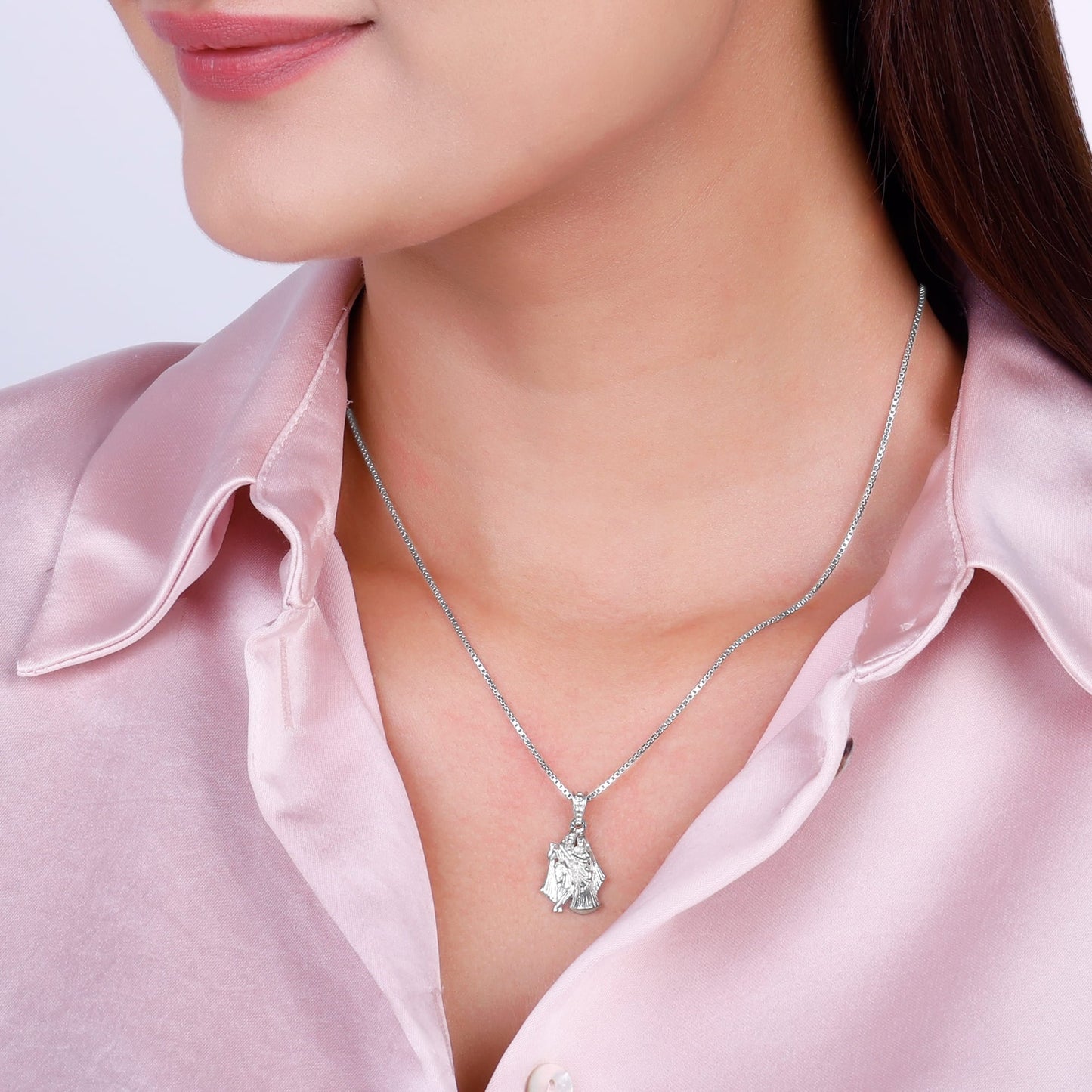 Silver Radha-Krishna Pendant with Box Chain