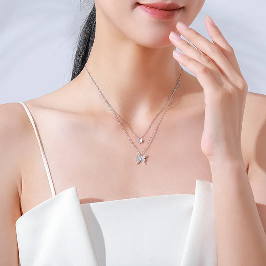 925 Sterling Silver Female Rhodium Plated Double Layer Butterfly Design Necklace