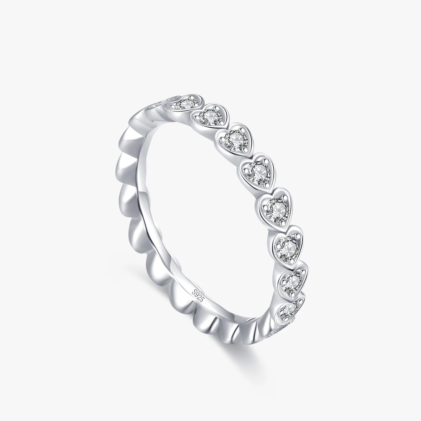 925 Sterling Silver Shiny Clear CZ Romantic Heart Stackable Finger Ring