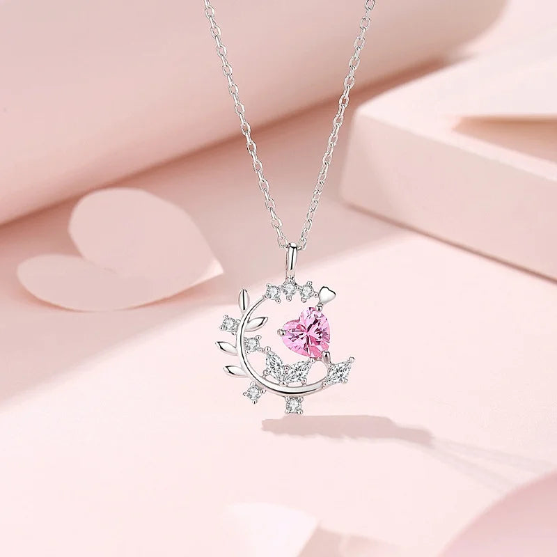 925 Silver Heart-Shaped Pink Zircon Necklace