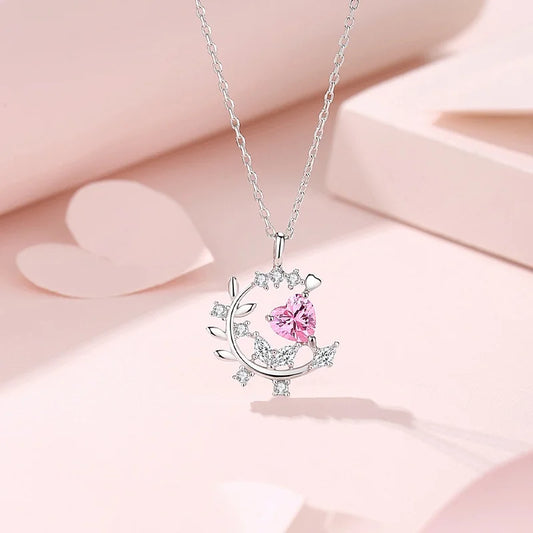 925 Silver Heart-Shaped Pink Zircon Necklace