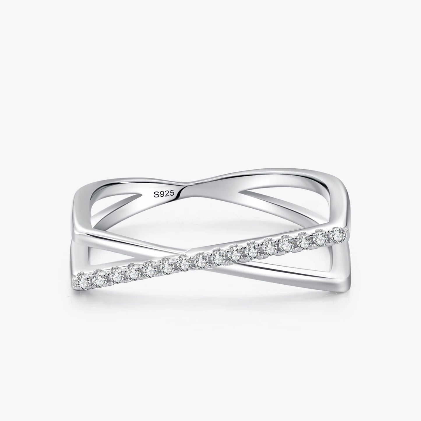 925 Sterling Silver Fashion Geometric Cross Line Cubic Zirconia Finger Ring