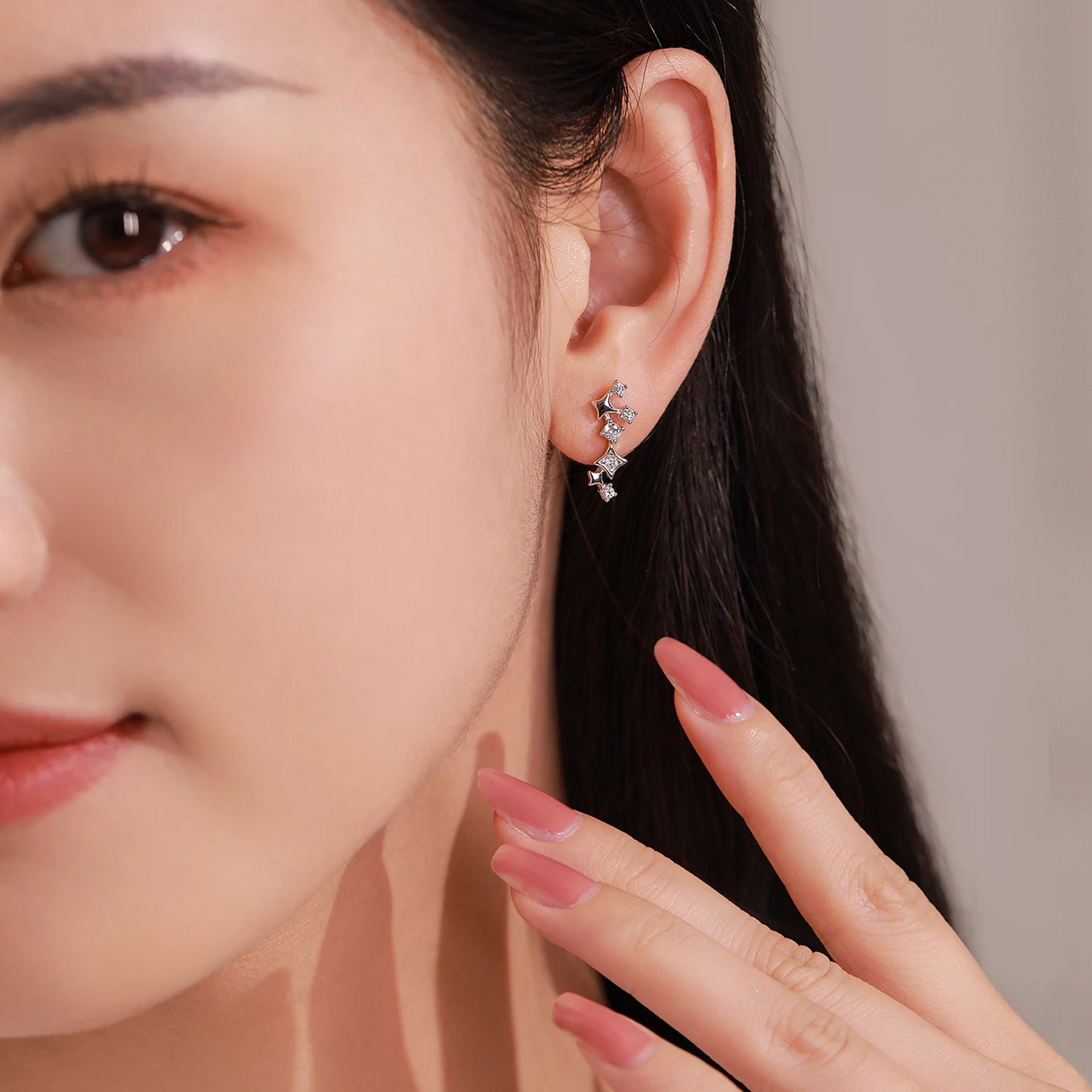 925 Sterling Silver Shiny Zircon Star Long Stud Earrings