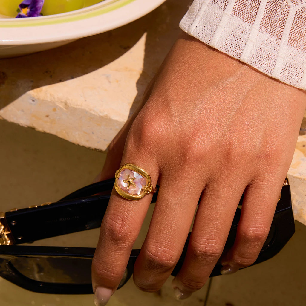 Pink Crushed Shell Square Starfish Open Rings