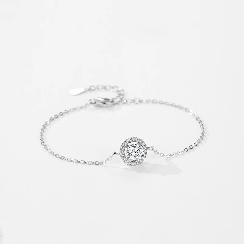 925 Sterling Silver  Round Sparkling CZ Link Chain Charm Bracelet for Women