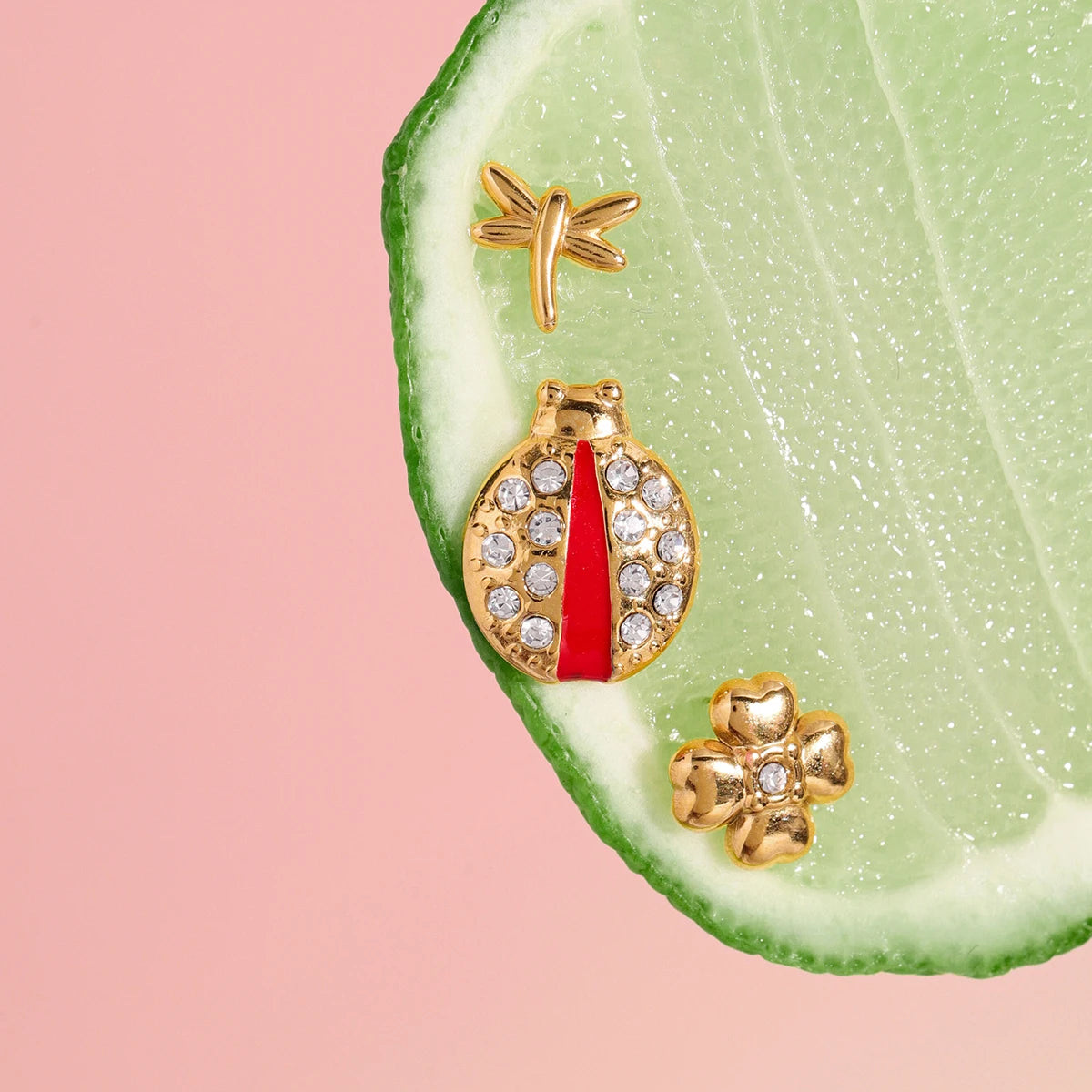 Four-Leaf Clover Red Drop Oil Ladybug Earring 3 pieces set - Kimiko