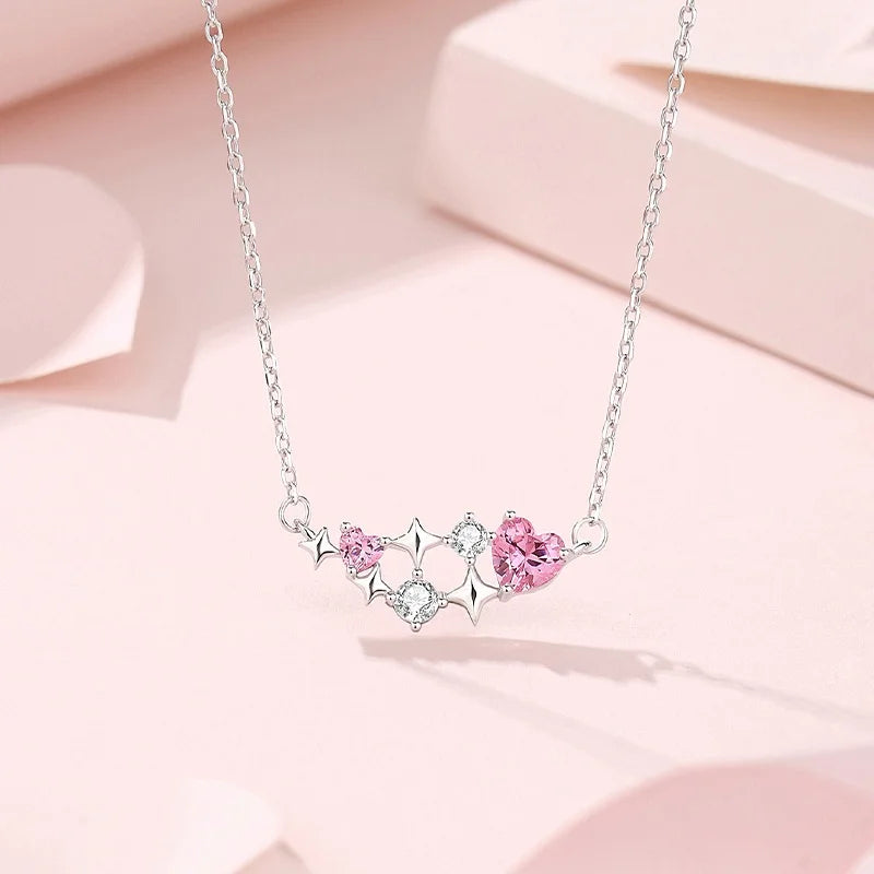 925 Silver Necklace Trendy Pink Diamond Love Star Pendant