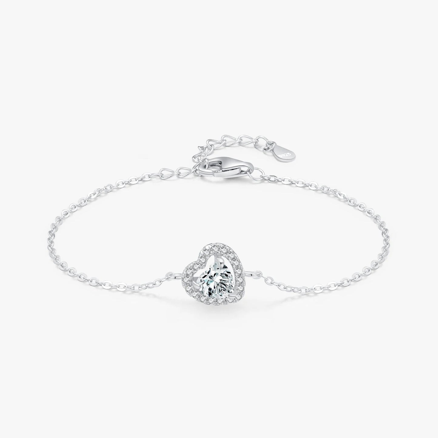 925 Sterling Silver Elegant Heart Zirconia Link Chain Charm Bracelet
