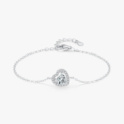 925 Sterling Silver Elegant Heart Zirconia Link Chain Charm Bracelet