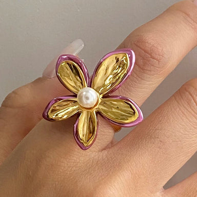 Pink Enamel Glass Pearl Flower Open Ring