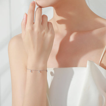 925 Sterling Silver Round Shiny Zircon Pendant Link Bracelet for Women