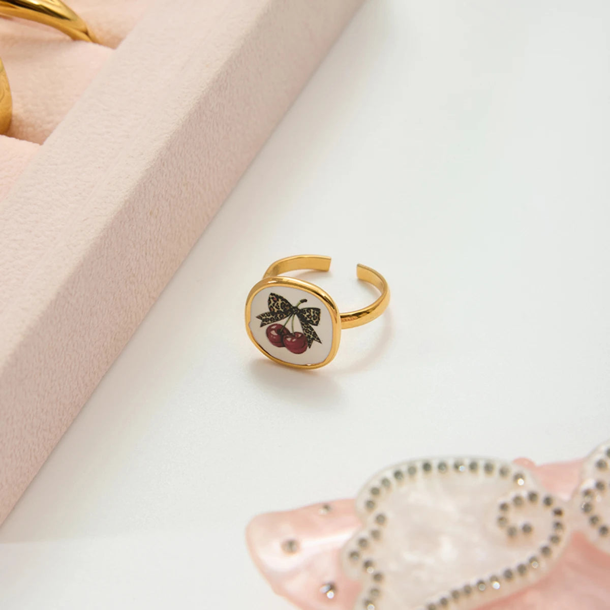 Sweet and Romantic Cherry Drop Oil Printing Adjustable Open Ring