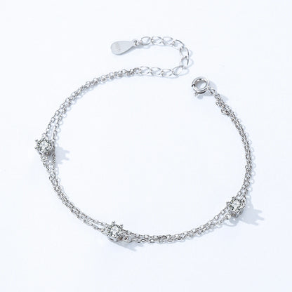 925 Sterling Silver Dainty Simple Shiny Zircon Double Layers Bracelet