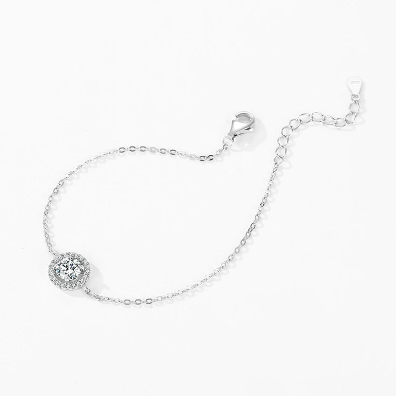 925 Sterling Silver  Round Sparkling CZ Link Chain Charm Bracelet for Women