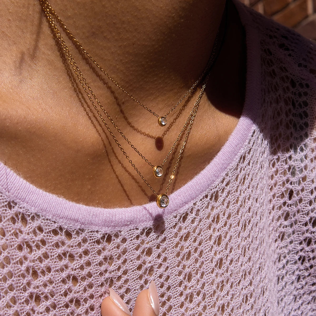 White Zircon Pendant O-Chain Three-Layer Necklace - Kimiko