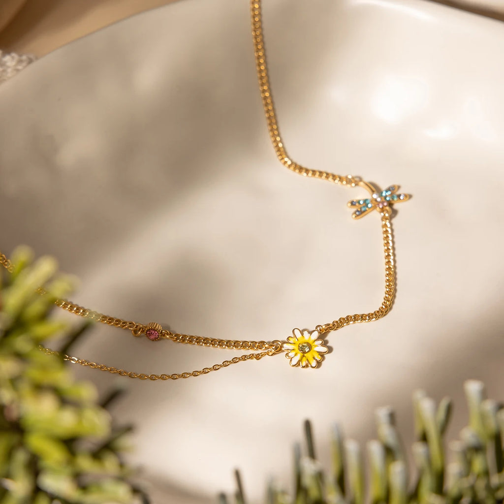 ellow Enamel Daisy and Blue Rhinestone Dragonfly Station Necklace