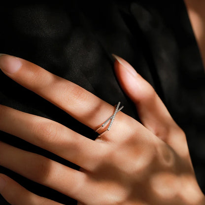 925 Sterling Silver Fashion Geometric Cross Line Cubic Zirconia Finger Ring