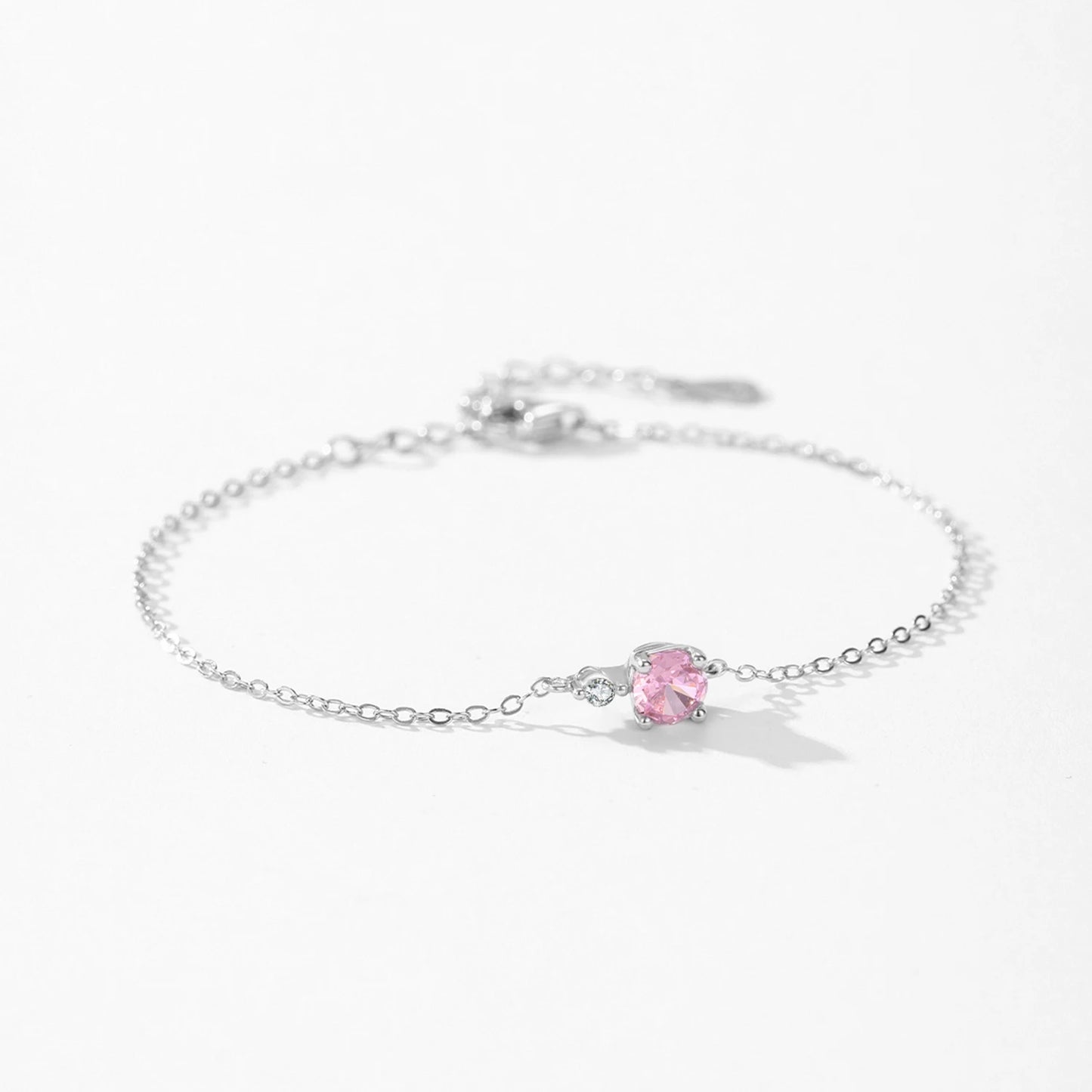 925 Sterling Silver New Valentine's Romantic Pink Zircon Chain Bracelet