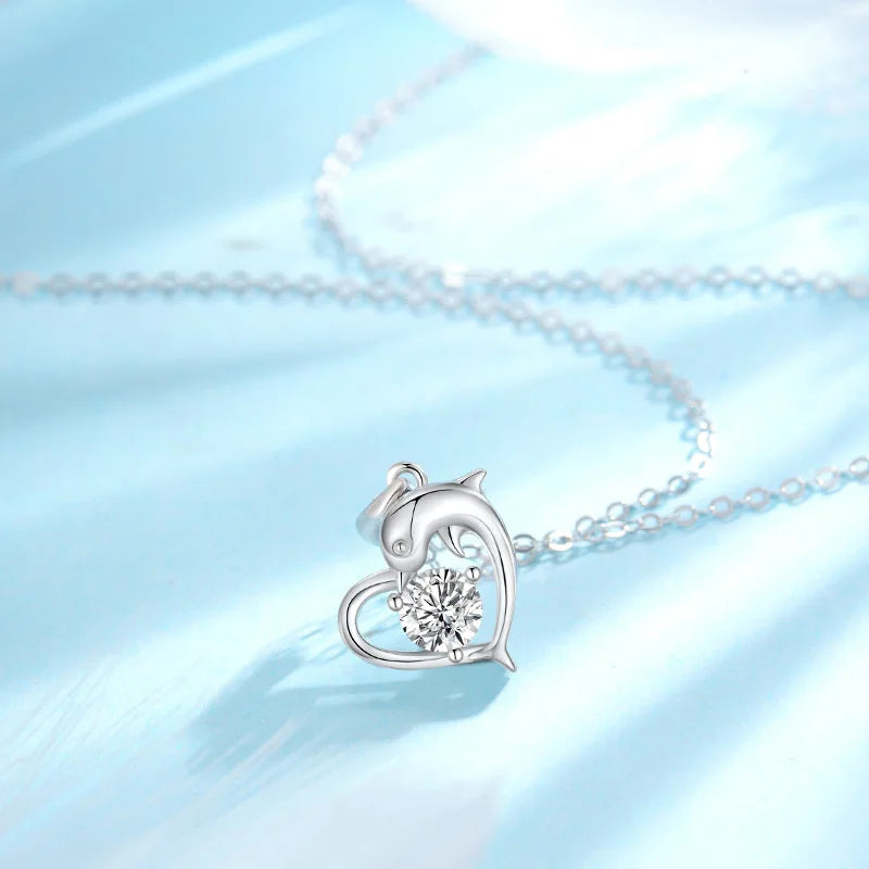 925 Sterling Silver Ocean Dolphin Heart Pendant