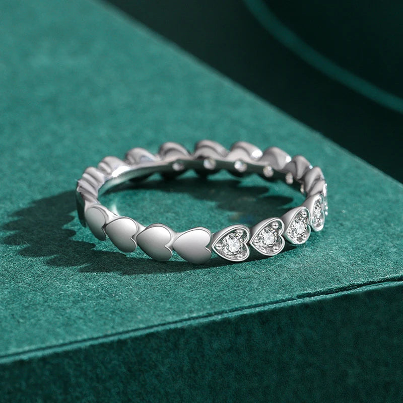 925 Sterling Silver Shiny Clear CZ Romantic Heart Stackable Finger Ring