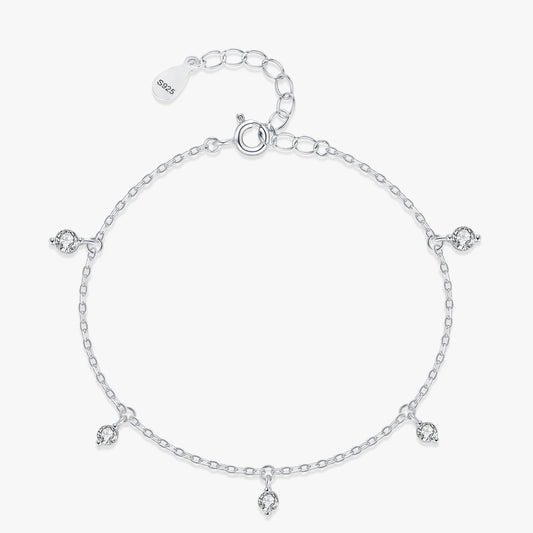 925 Sterling Silver Round Shiny Zircon Pendant Link Bracelet for Women