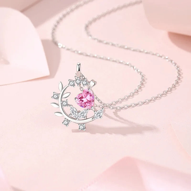 925 Silver Heart-Shaped Pink Zircon Necklace