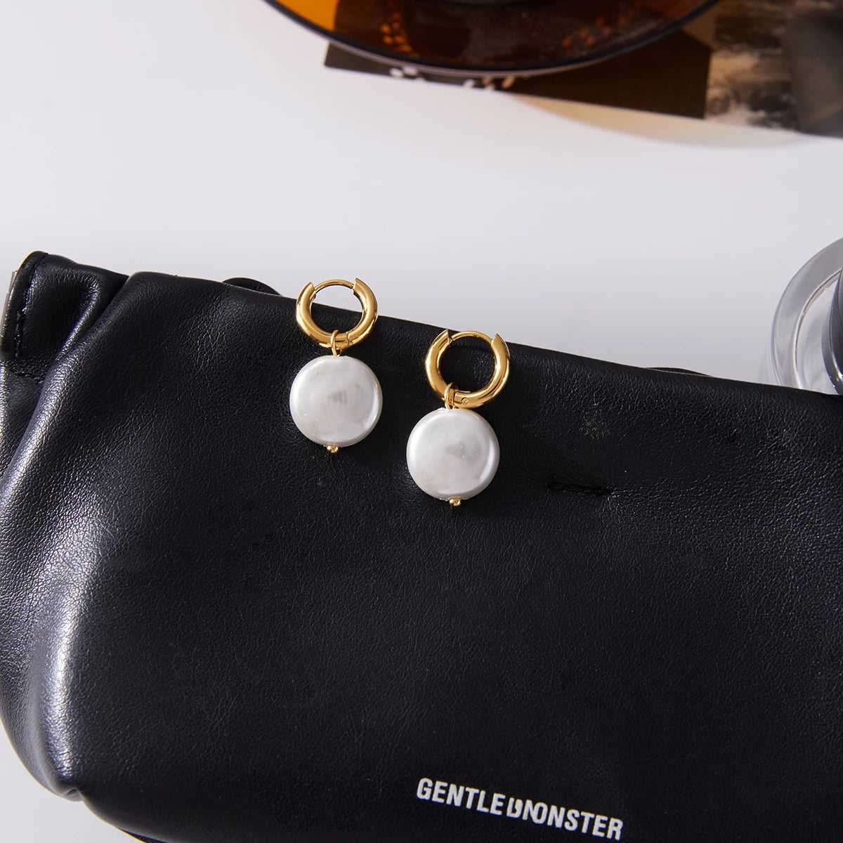Glass Pearl Smooth Hoop Huggie Earrings - Kimiko