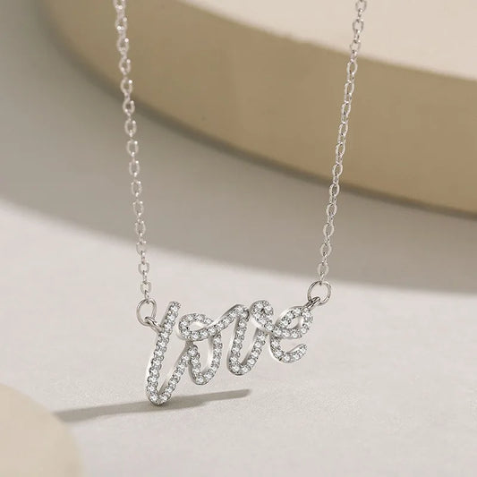 925 Sterling Silver Full Zircons Letter "Love" Pendant Necklace