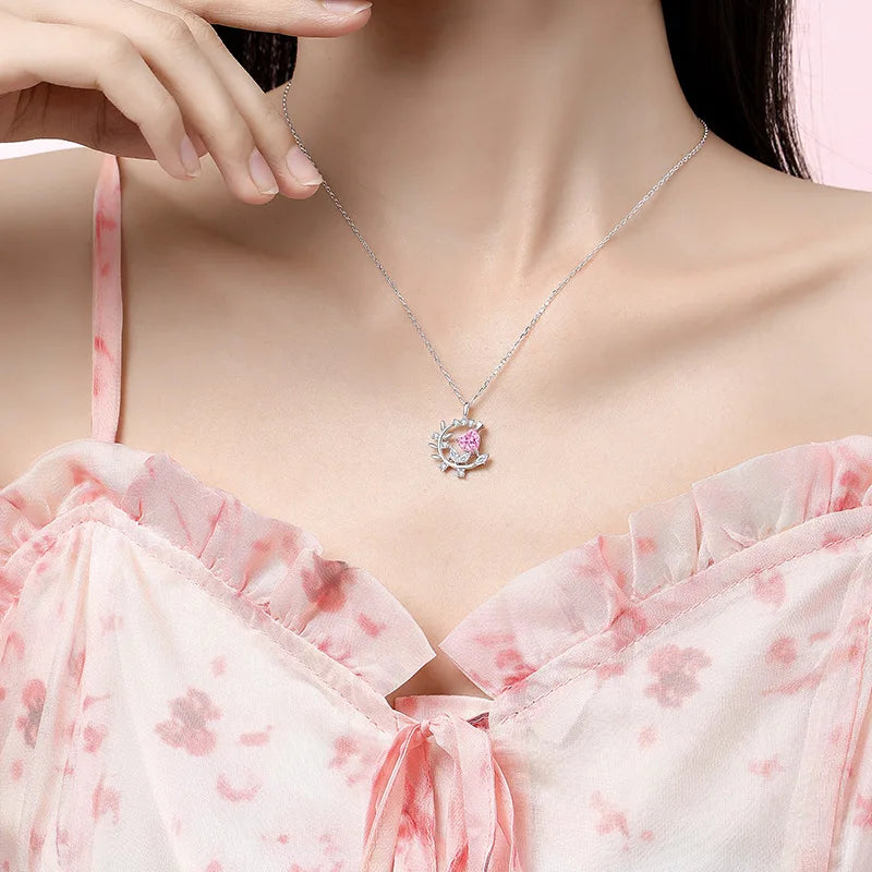 925 Silver Heart-Shaped Pink Zircon Necklace