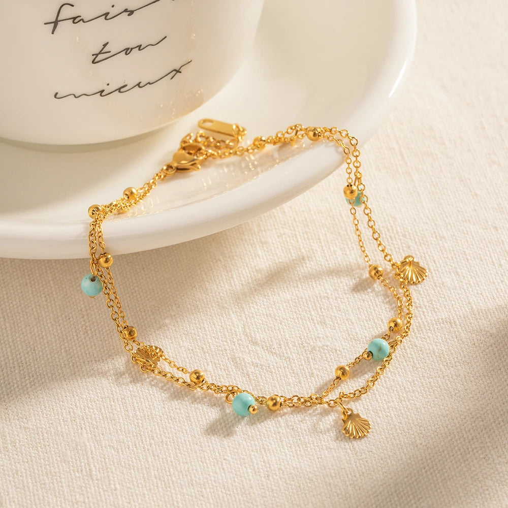 Turquoise Stone  Seashell Charm Anklet