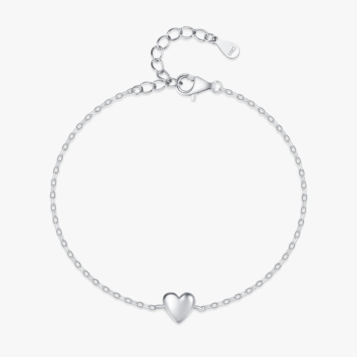 925 Sterling Silver Minimalist Smooth Heart Bracelet Charm Link Chain Adjustable