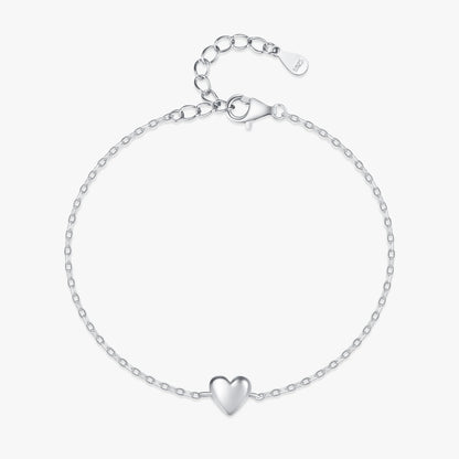 925 Sterling Silver Minimalist Smooth Heart Bracelet Charm Link Chain Adjustable