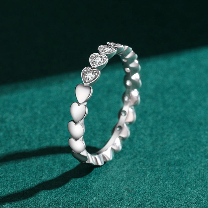 925 Sterling Silver Shiny Clear CZ Romantic Heart Stackable Finger Ring