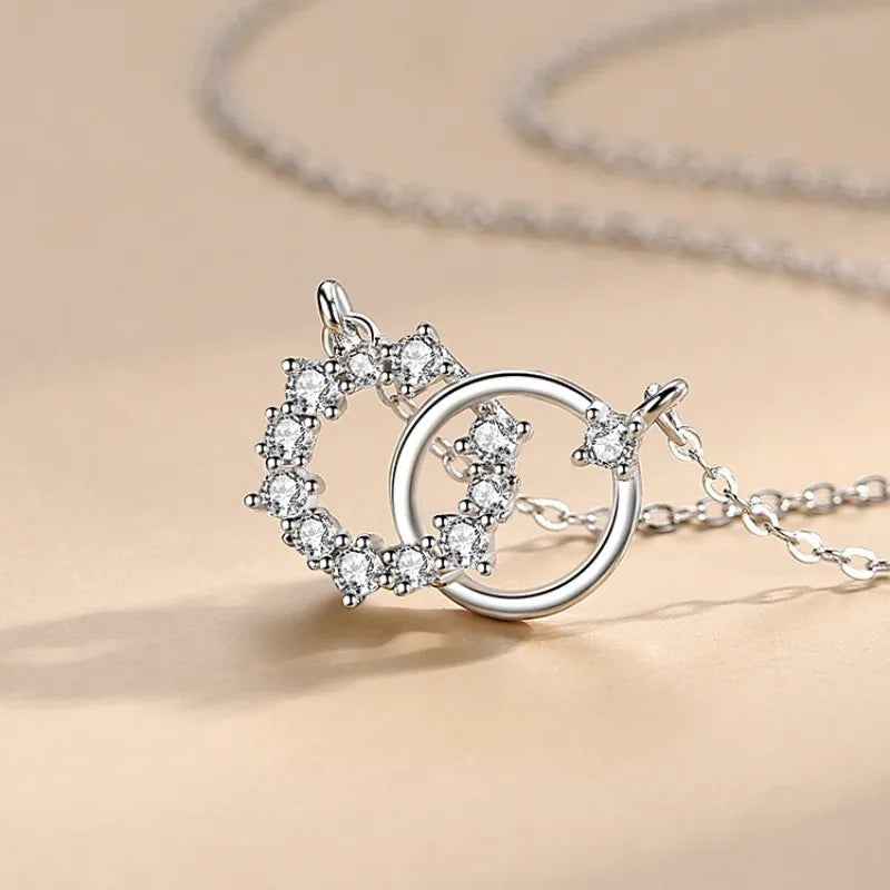 925 Sterling Silver Cubic Zirconia Double Rings Pendant Necklace