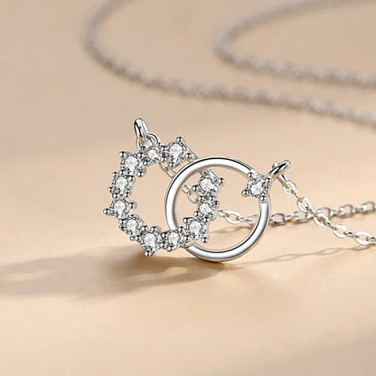 925 Sterling Silver Cubic Zirconia Double Rings Pendant Necklace