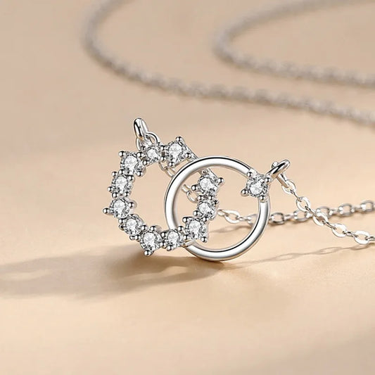 925 Sterling Silver Cubic Zirconia Double Rings Pendant Necklace