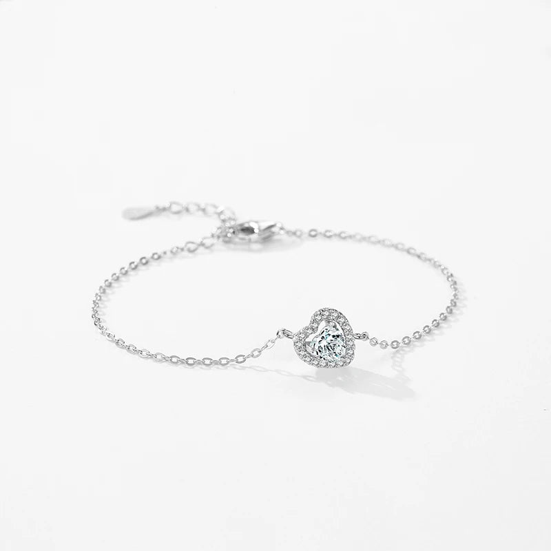 925 Sterling Silver Elegant Heart Zirconia Link Chain Charm Bracelet