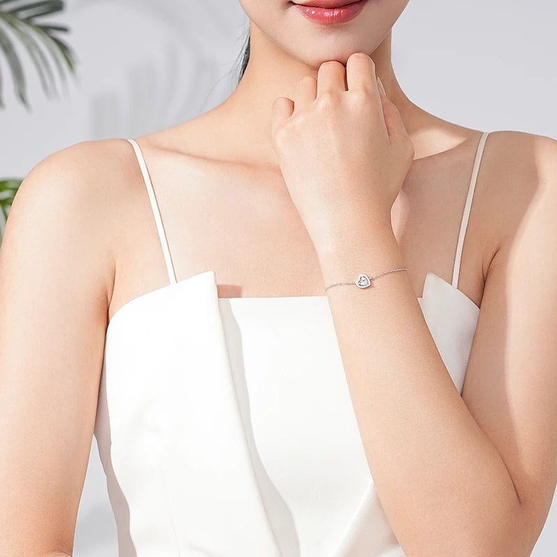 925 Sterling Silver Elegant Heart Zirconia Link Chain Charm Bracelet