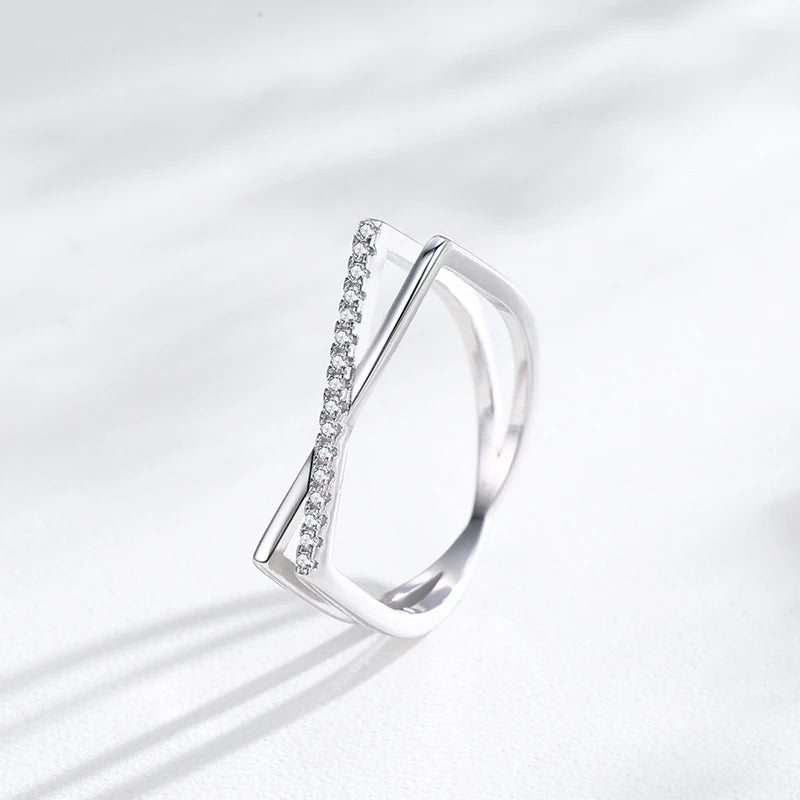 925 Sterling Silver Fashion Geometric Cross Line Cubic Zirconia Finger Ring