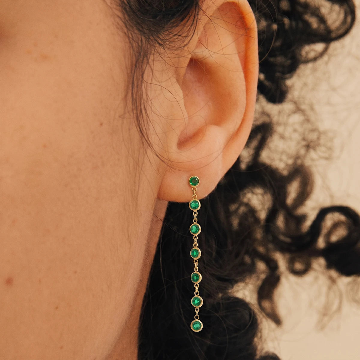 Green Round Zirconia Long Tassel Drop Earrings