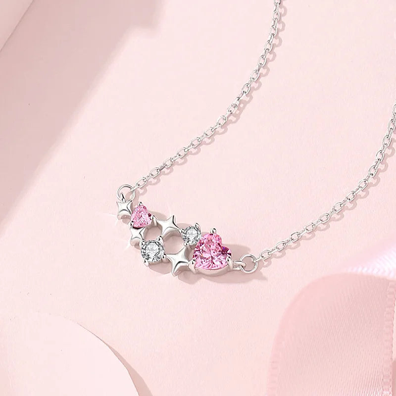 925 Silver Necklace Trendy Pink Diamond Love Star Pendant