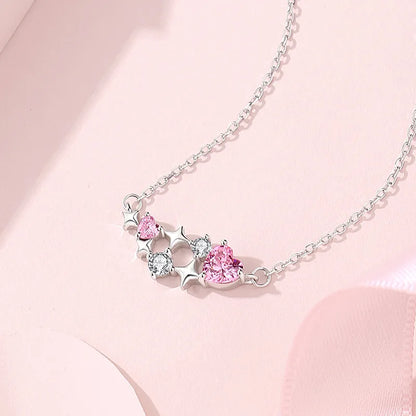 925 Silver Necklace Trendy Pink Diamond Love Star Pendant
