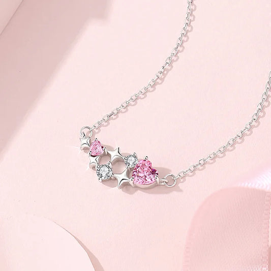 925 Silver Necklace Trendy Pink Diamond Love Star Pendant