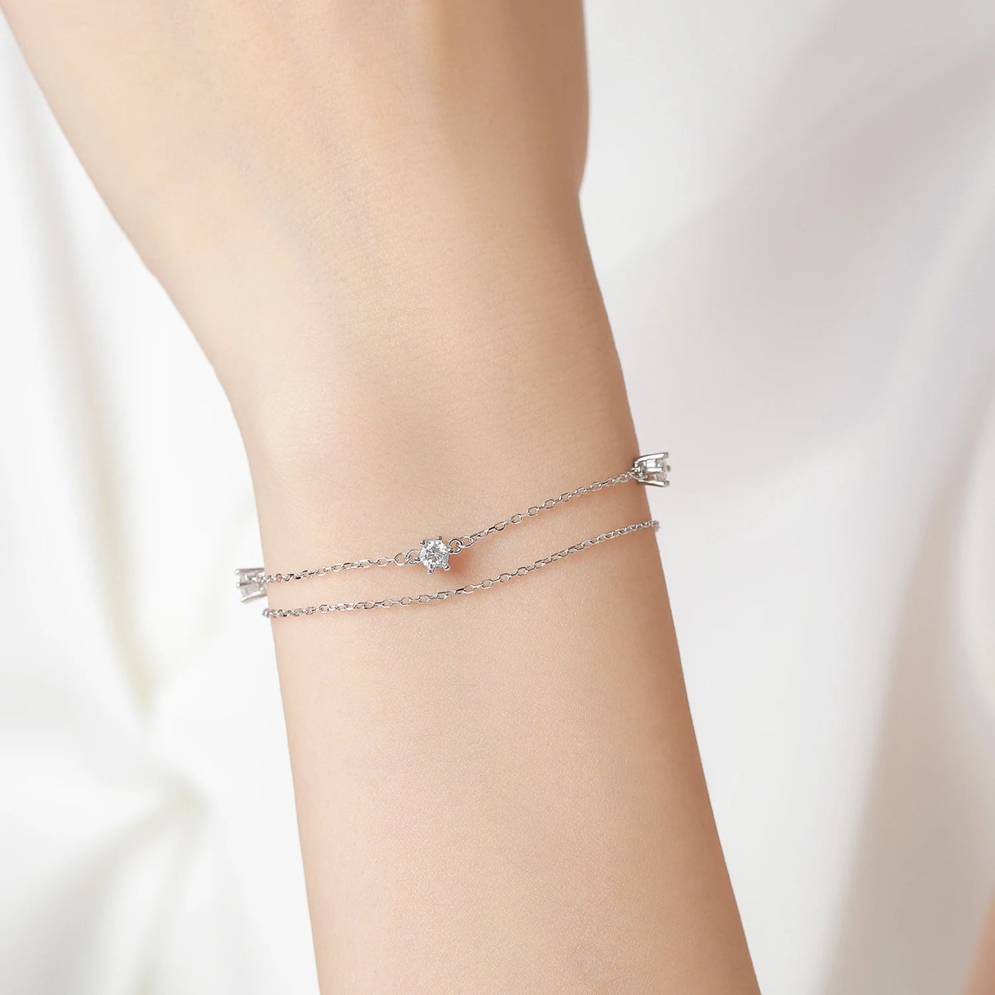 925 Sterling Silver Dainty Simple Shiny Zircon Double Layers Bracelet