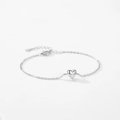 925 Sterling Silver Minimalist Smooth Heart Bracelet Charm Link Chain Adjustable
