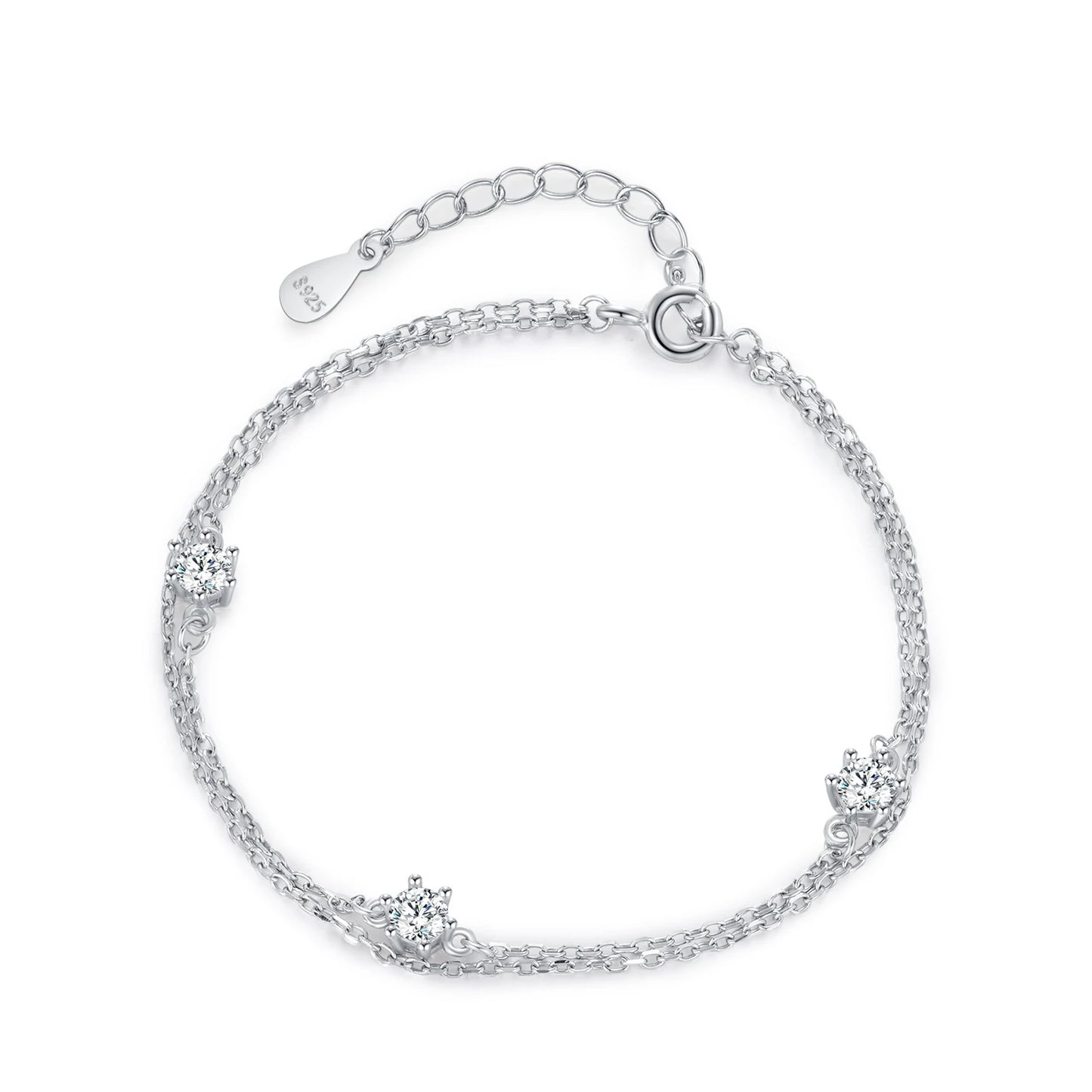 925 Sterling Silver Dainty Simple Shiny Zircon Double Layers Bracelet